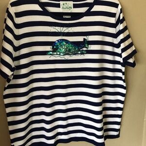 Quacker Factory 1X knit top nautical whale sequins